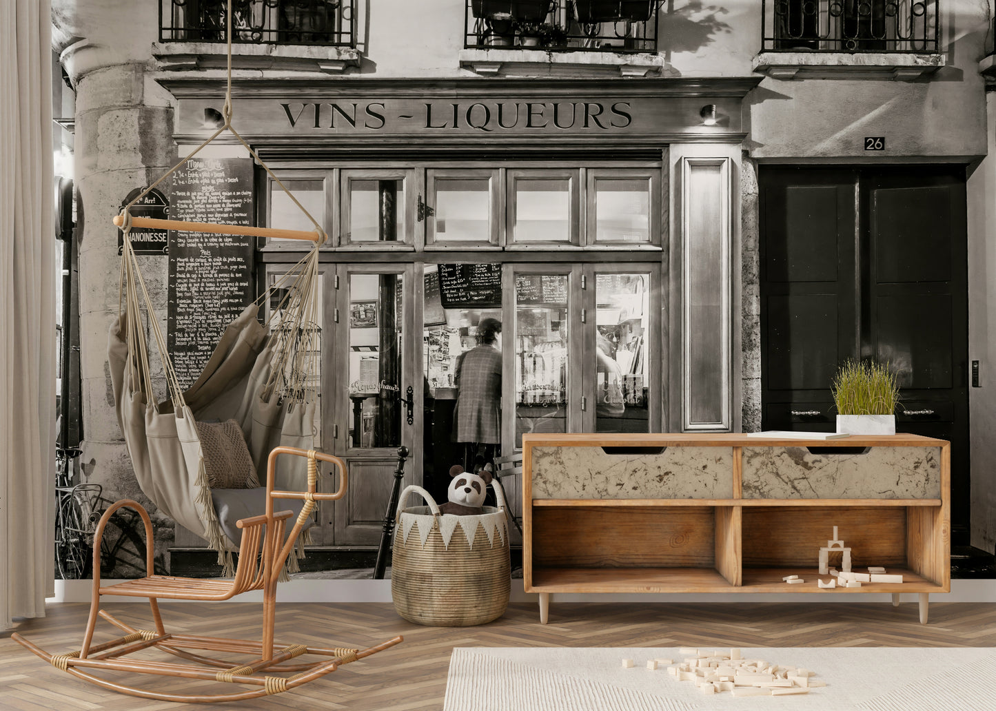 Atmospheric wine shop Vins-Liqueurs unique wall decor.