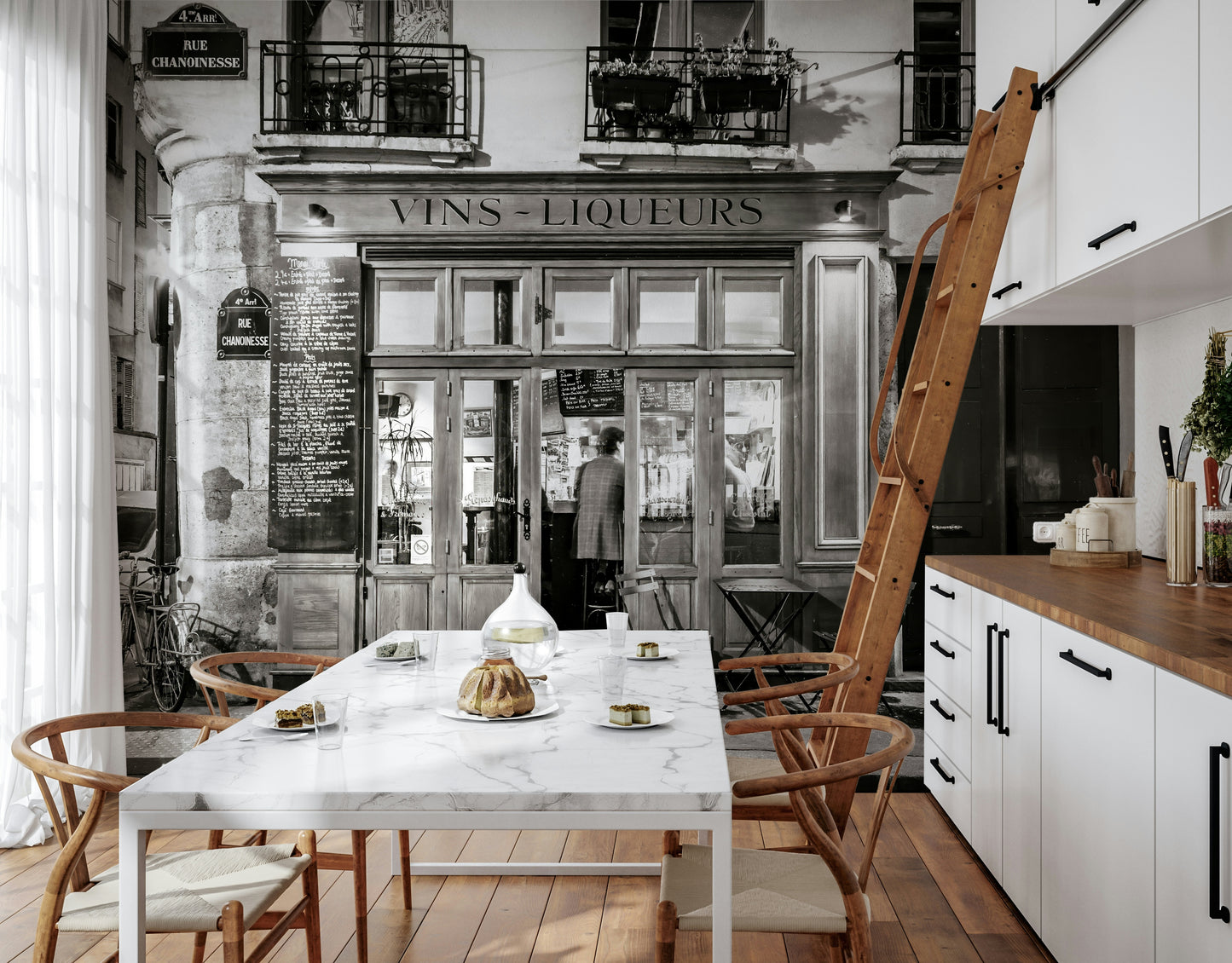 Vins-Liqueurs A Parisian Noir Wallpaper, black and white French café scene.