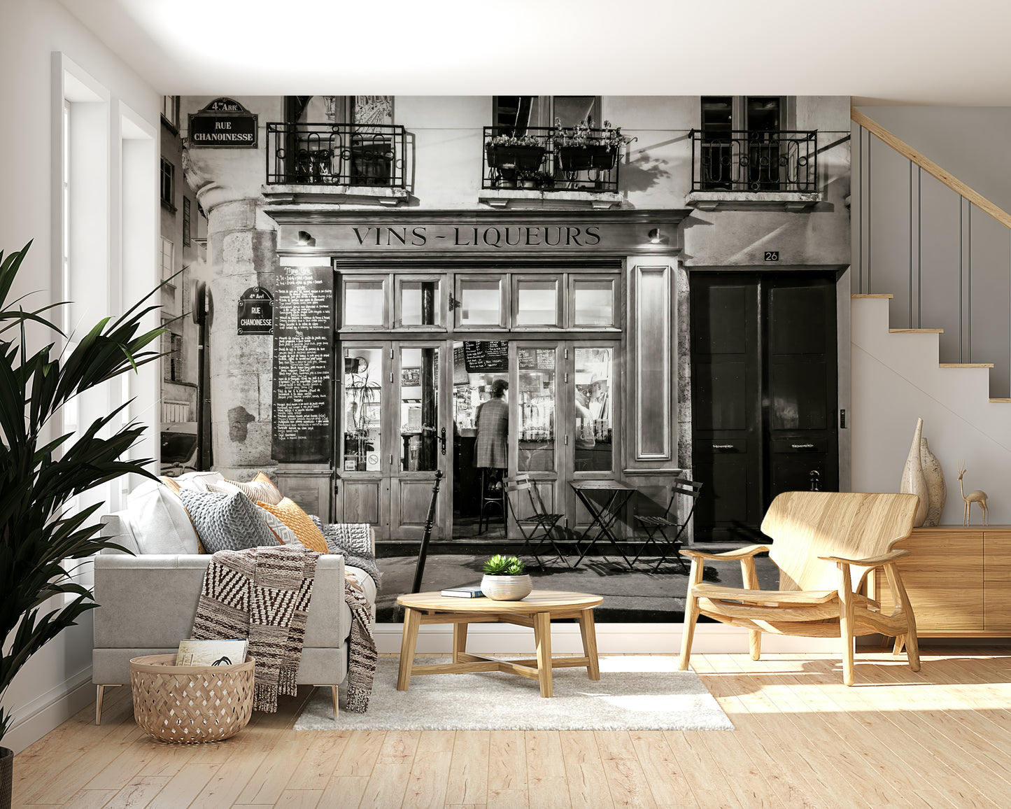 Black and white street scene A Parisian Noir Wallpaper wall art.