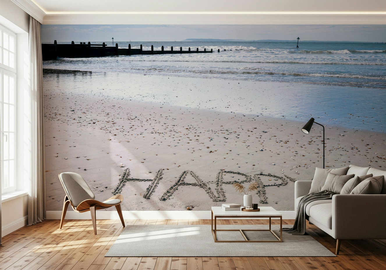 Joyful seaside scene Happy Beach, peaceful ocean waves wallpaper.