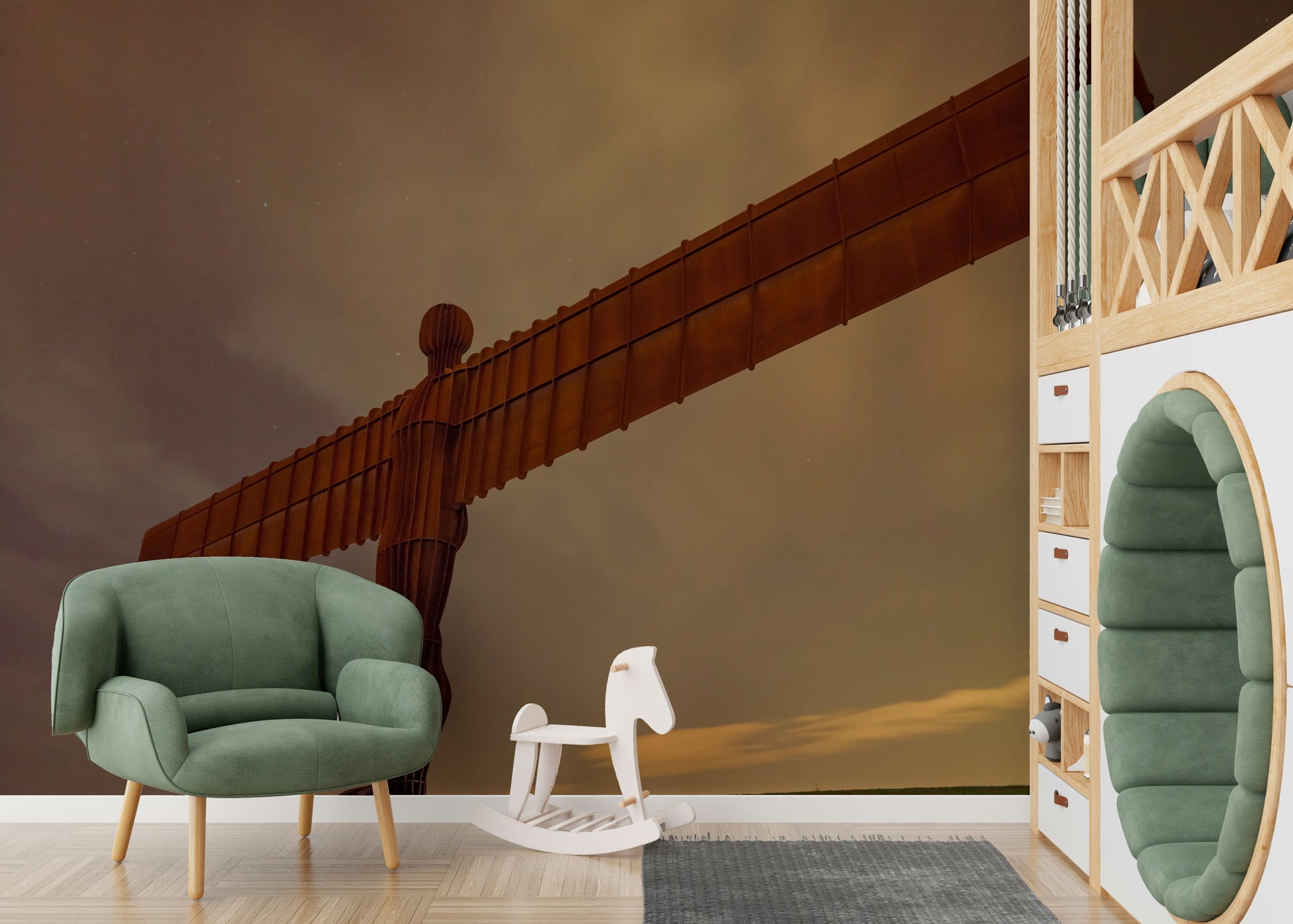 Dramatic red-brown metal Angel of the North Wall Mural, moody night time scene.