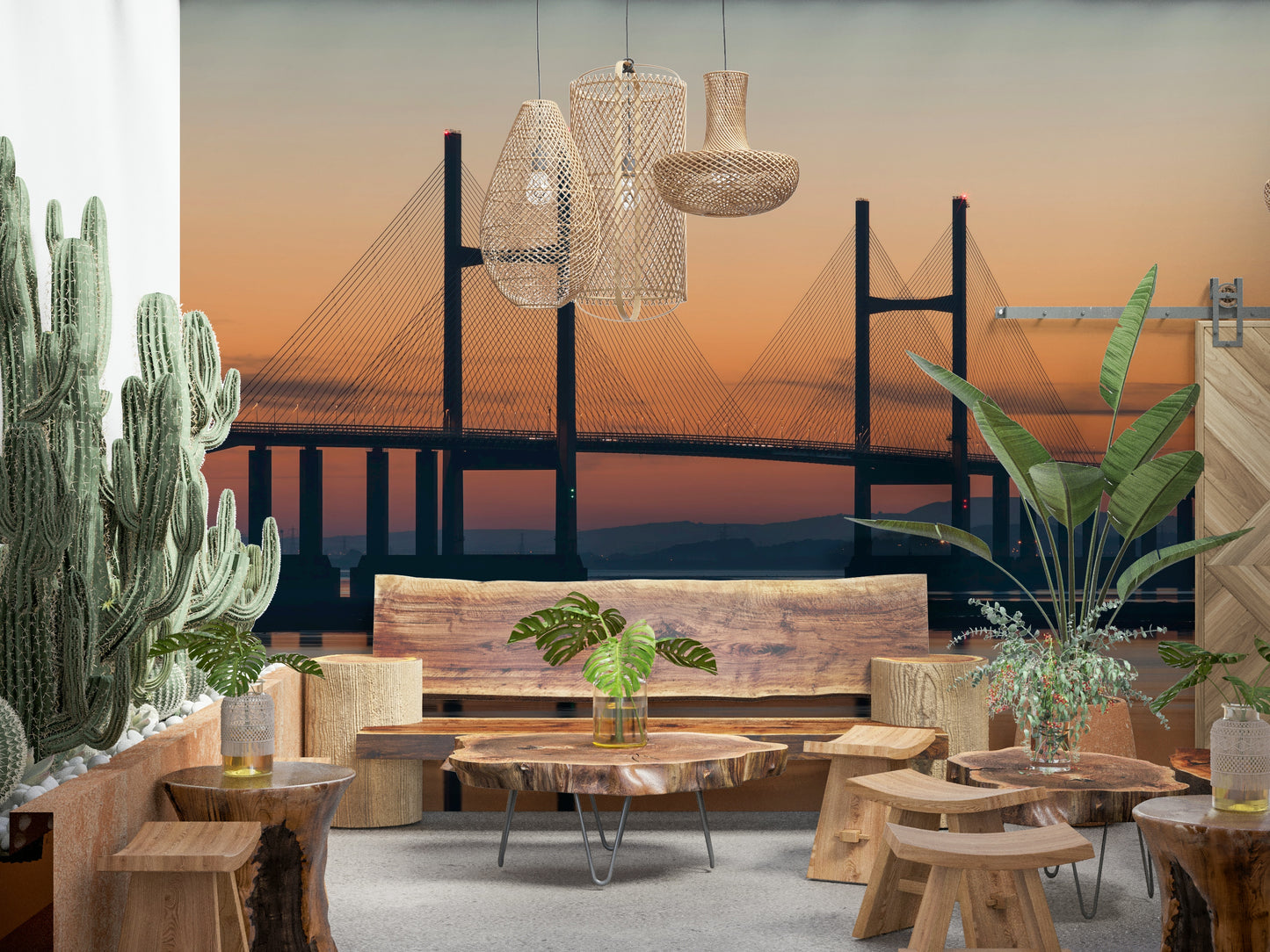 Orange and blue horizon Severn Bridge at Dusk Wall Mural, atmospheric modern decor.