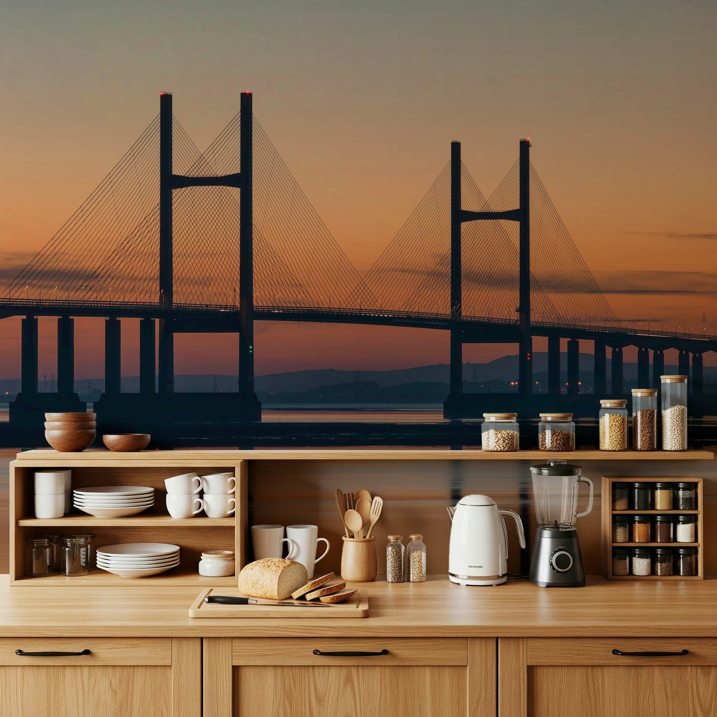 Architectural silhouette Severn Bridge at Dusk Wall Mural, gorgeous interior wall covering.