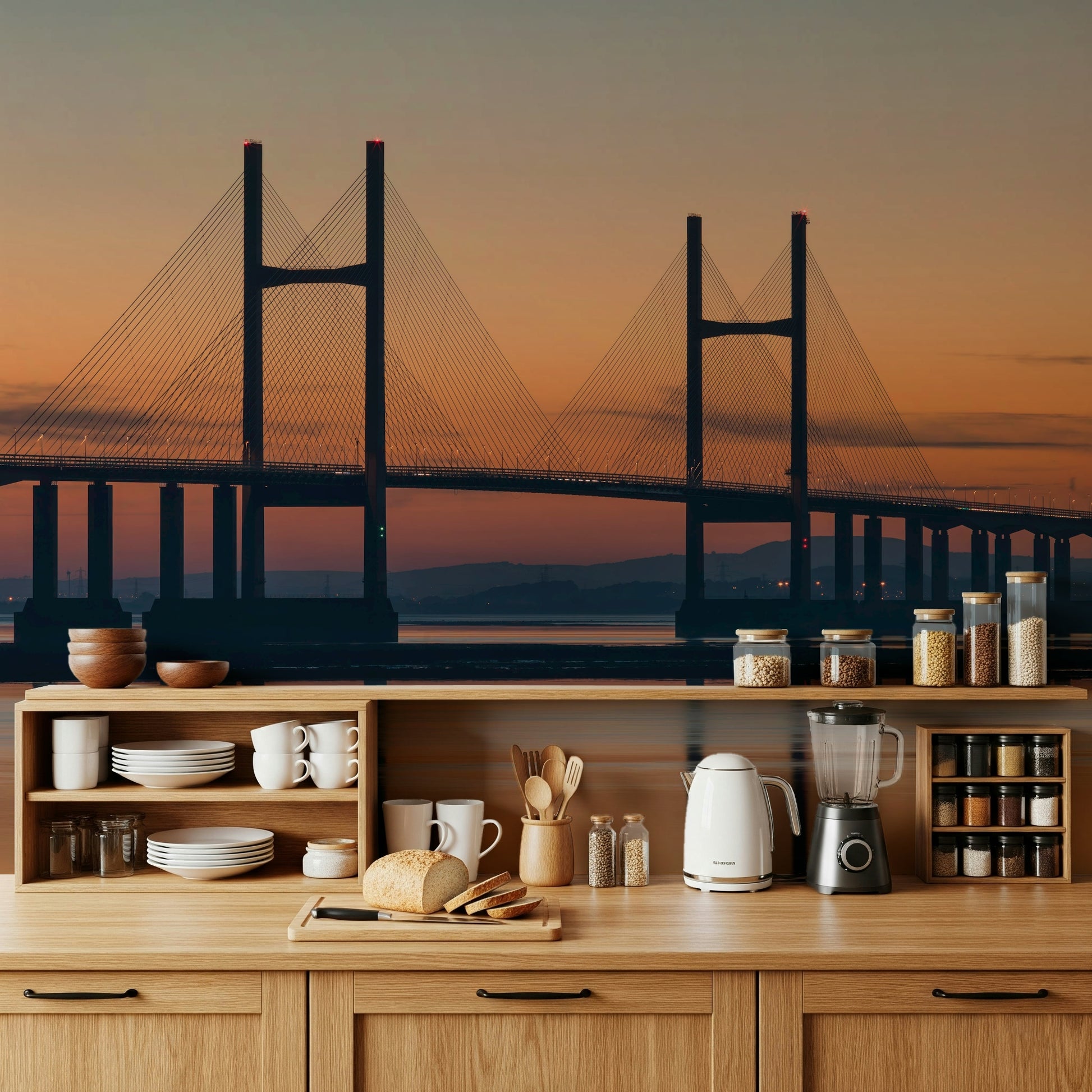 Architectural silhouette Severn Bridge at Dusk Wall Mural, gorgeous interior wall covering.