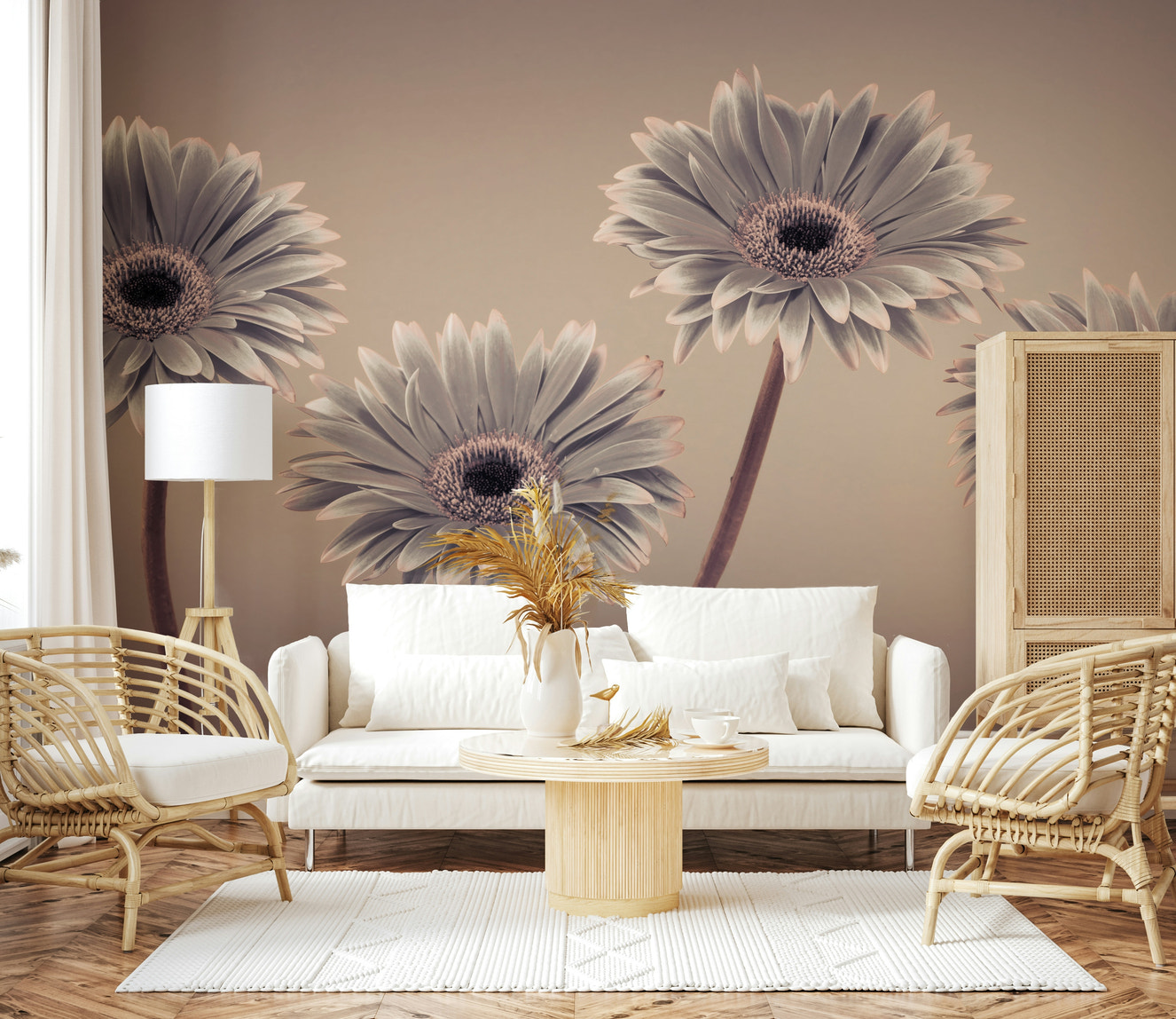 Gerbera Calm Wall Mural, minimalist gray and pink floral wallpaper design.