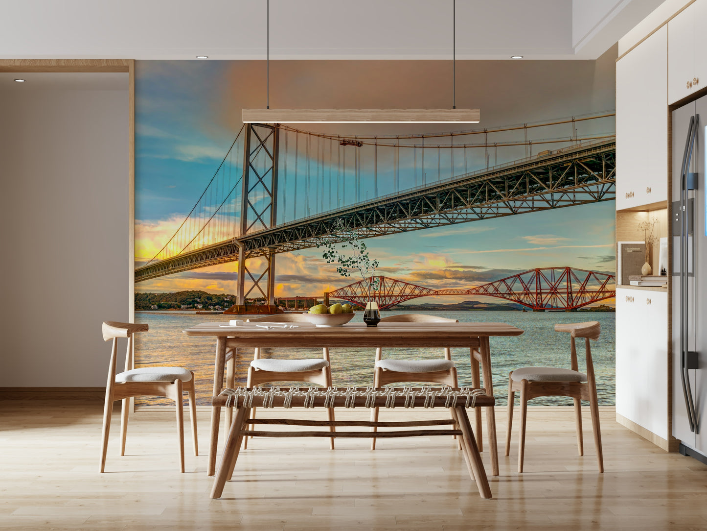 Orange and blue sky Bridging the Sky Wall Mural, colourful landscape wallpaper.