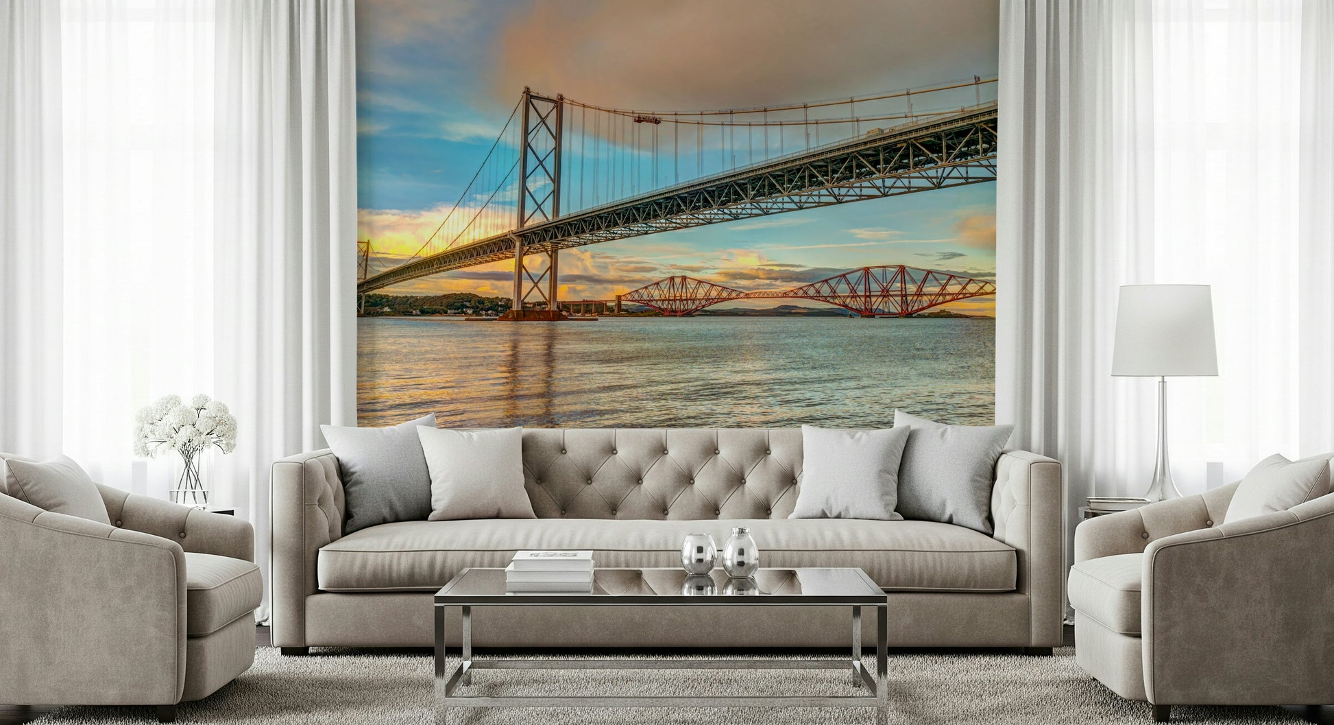 Waterfront view Bridging the Sky Wall Mural, stunning peel and stick wallpaper.