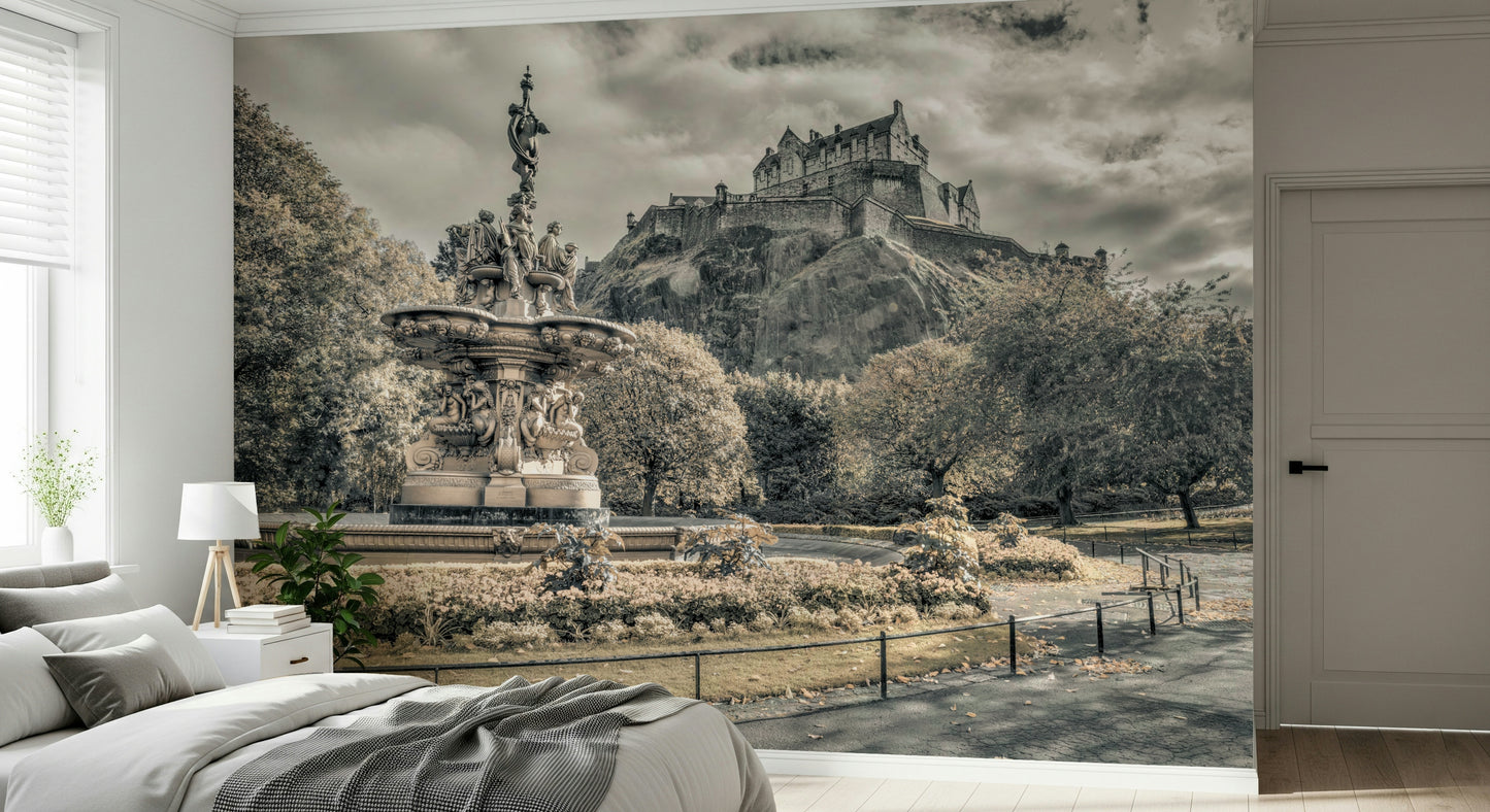 Edinburgh Castle Vista Wall Mural, historic Scottish fortress scenic wallpaper.