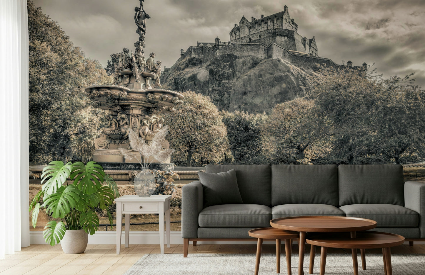 Sepia fountain Edinburgh Castle Vista Wall Mural, stunning black and white design.