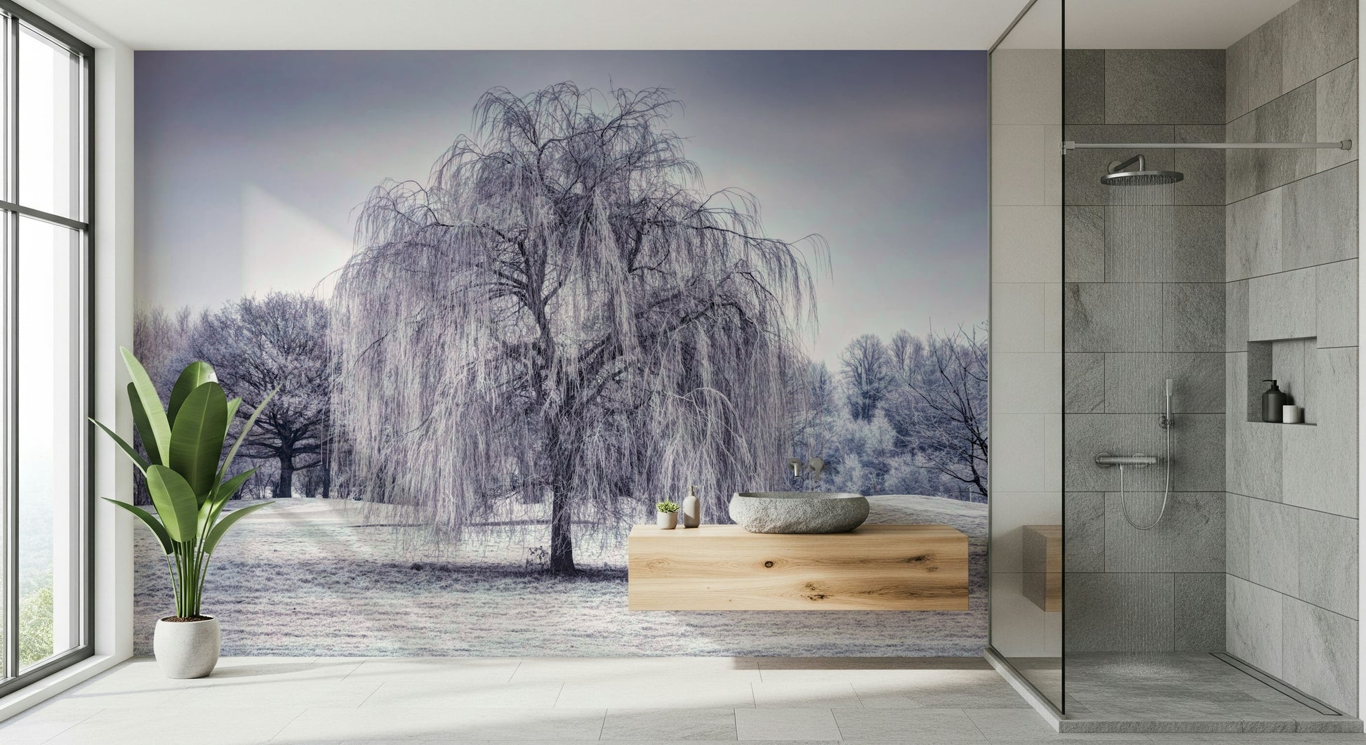 Dramatic Winter Weeping Tree Wall Mural on a frosted, cold field.