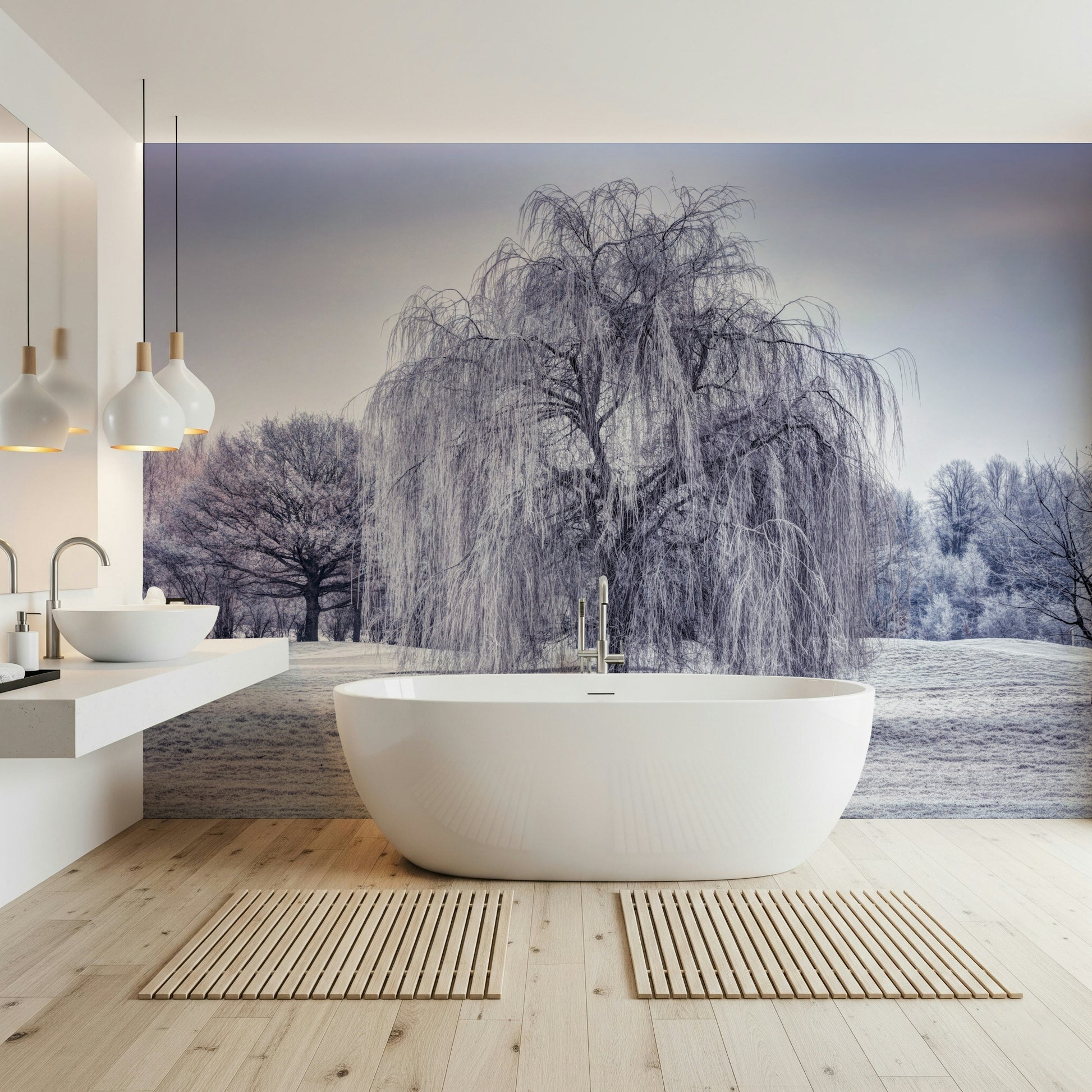 A majestic Winter Weeping Tree Wall Mural, atmospheric wallpaper mural design.