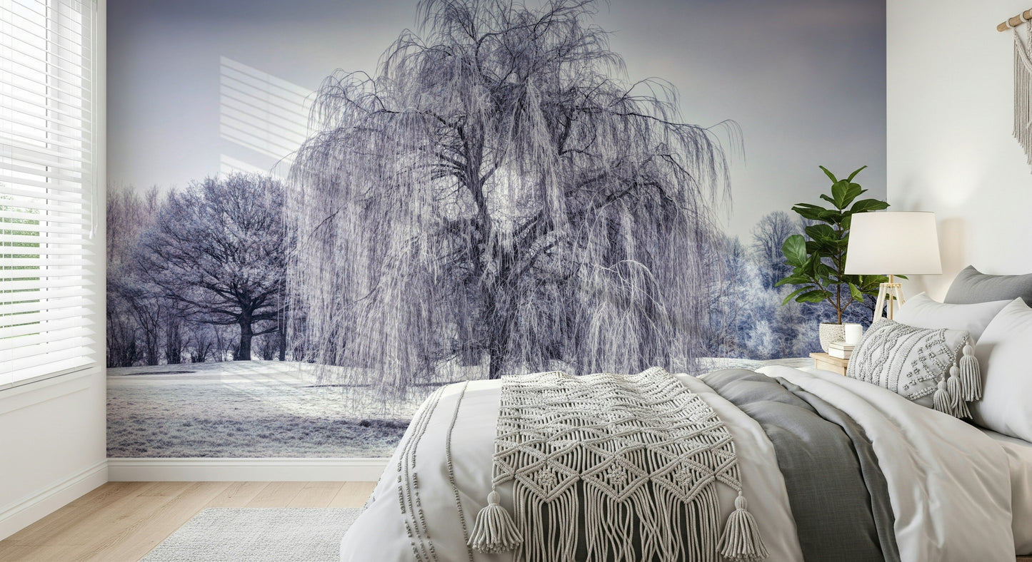 Ethereal frozen landscape Winter Weeping Tree Wall Mural, scenic wall art.
