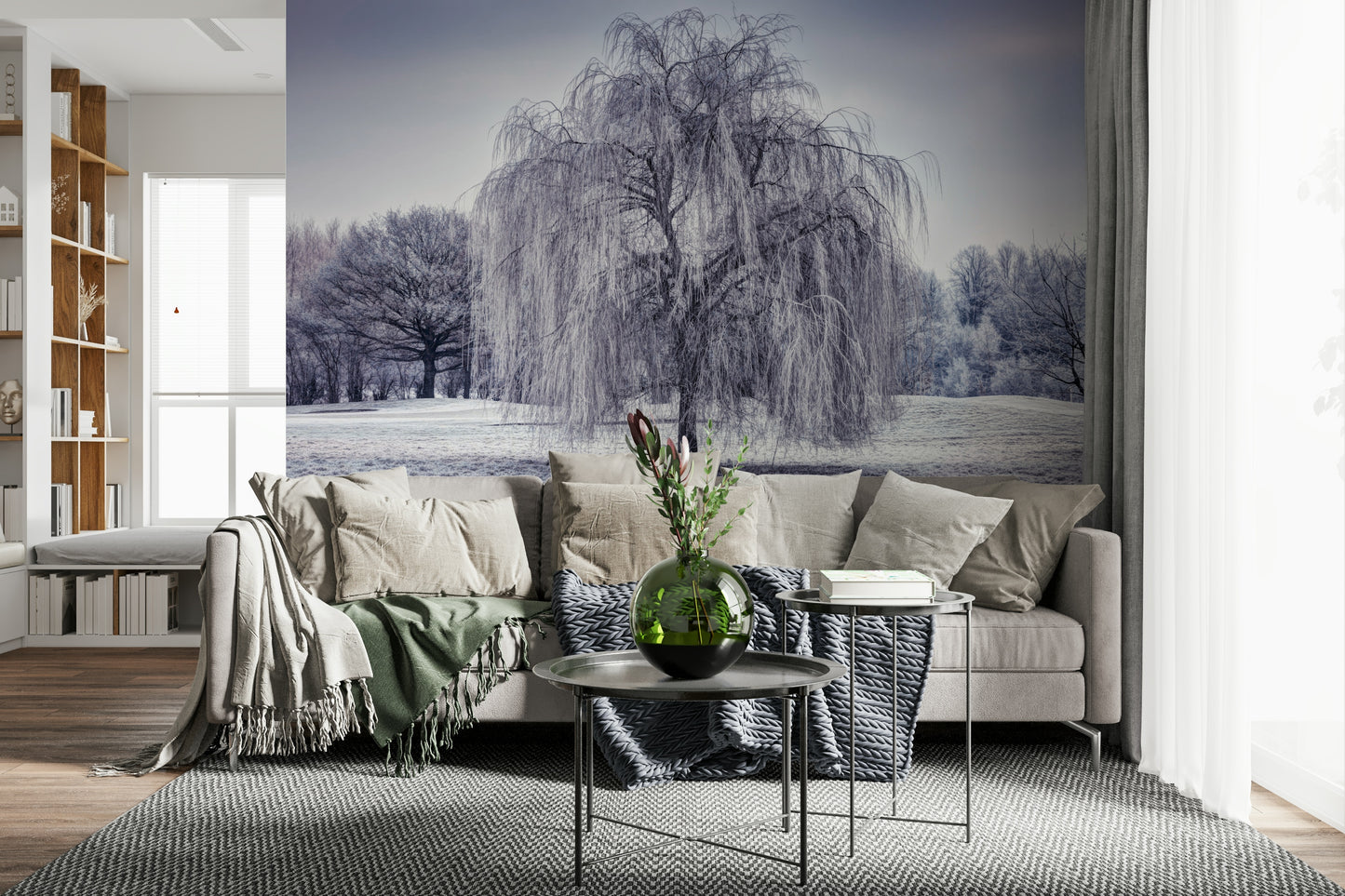 Snowy Winter Weeping Tree Wall Mural, captivating wallpaper for walls.