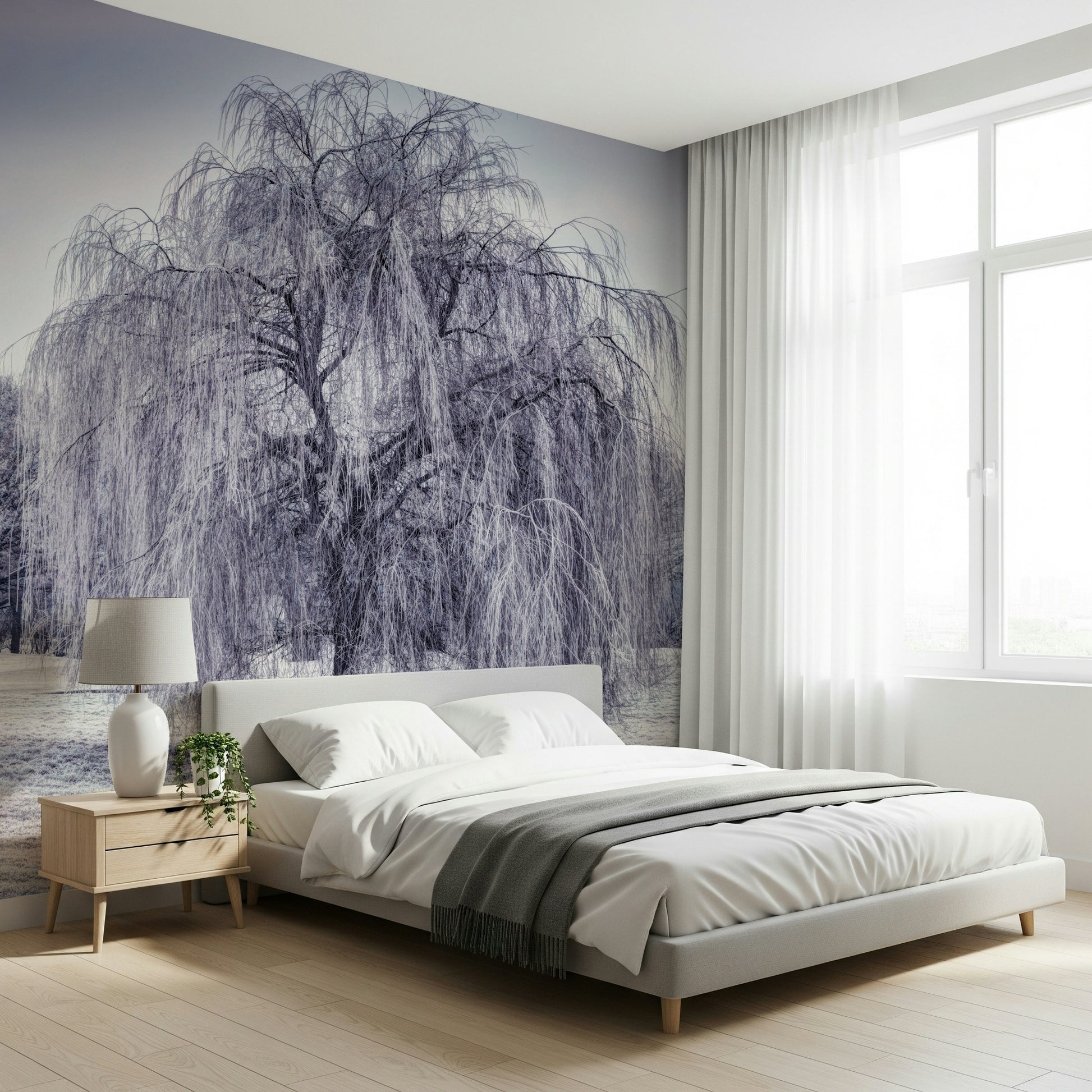Icy gray Winter Weeping Tree Wall Mural, dramatic winter landscape wallpaper.