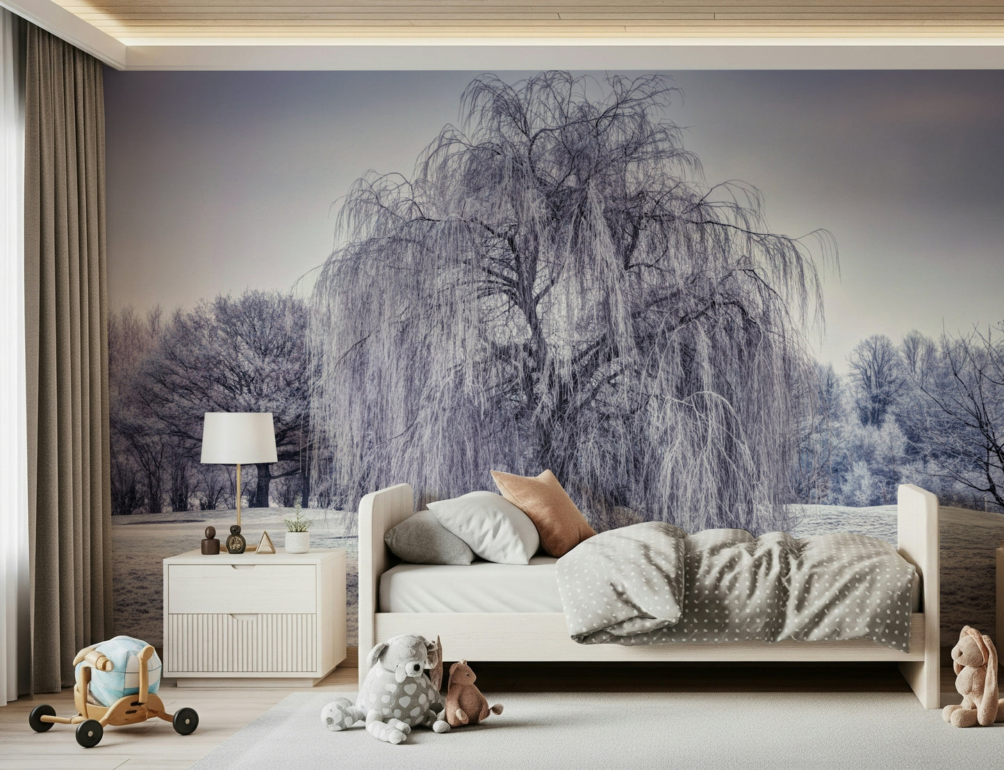 Large, picturesque Winter Weeping Tree Wall Mural for home décor accent.