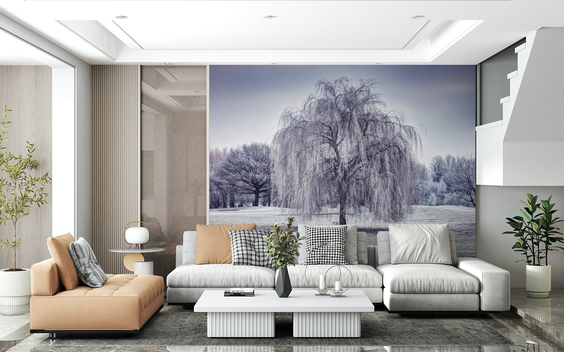 Monochromatic Winter Weeping Tree Wall Mural, tranquil backdrop wallpaper.