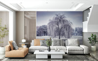 Monochromatic Winter Weeping Tree Wall Mural, tranquil backdrop wallpaper.