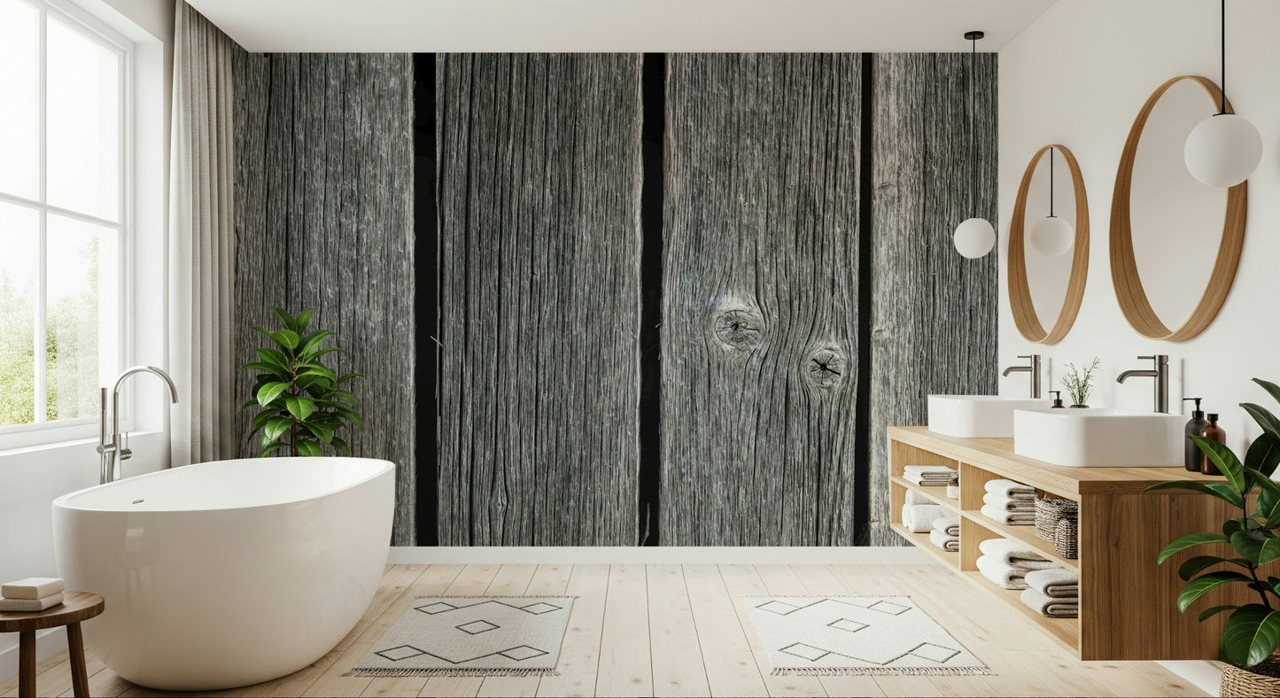 Weathered Wood Panel Wall Mural featuring rustic gray timber texture.