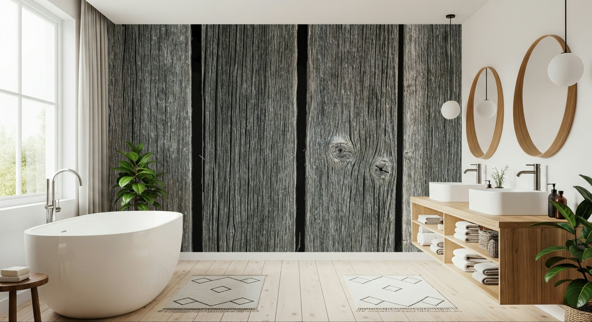 Weathered Wood Panel Wall Mural featuring rustic gray timber texture.