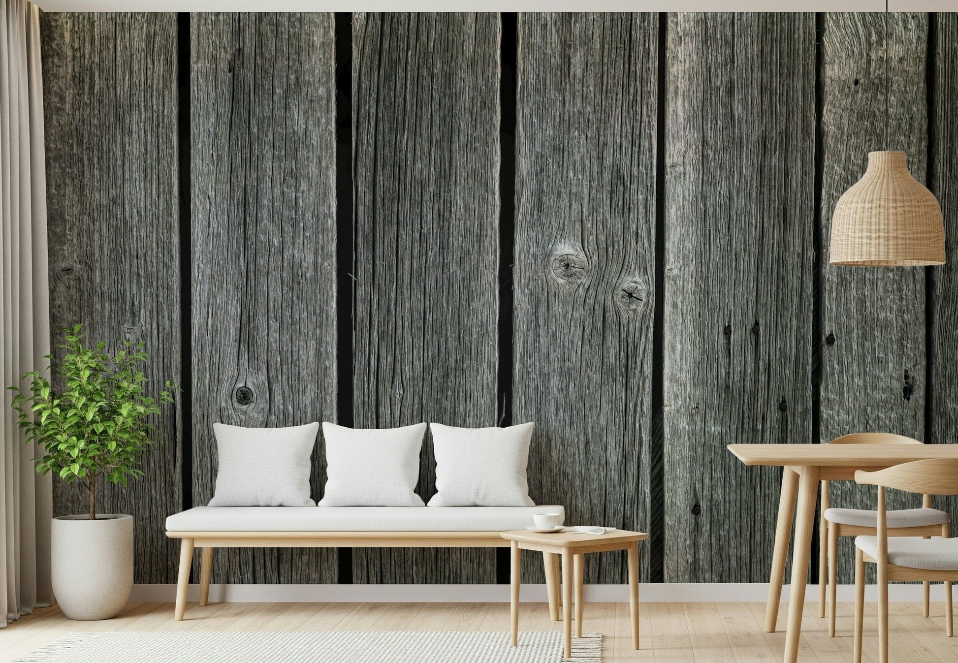 Weathered Wood Panel Wall Mural with knots and realistic wood texture.