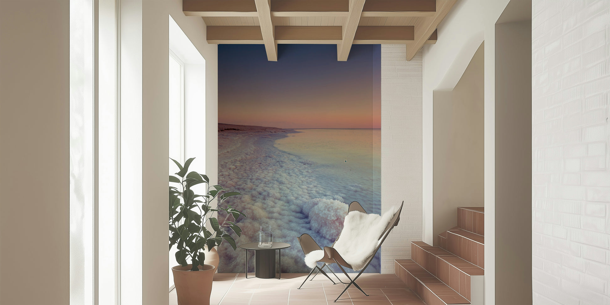 Pink and blue twilight sky over Dead Sea shore wallpaper.