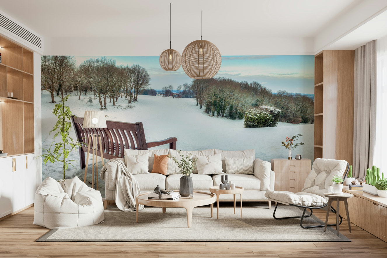 Bench in a Snowy Landscape Wall Mural winter scene.