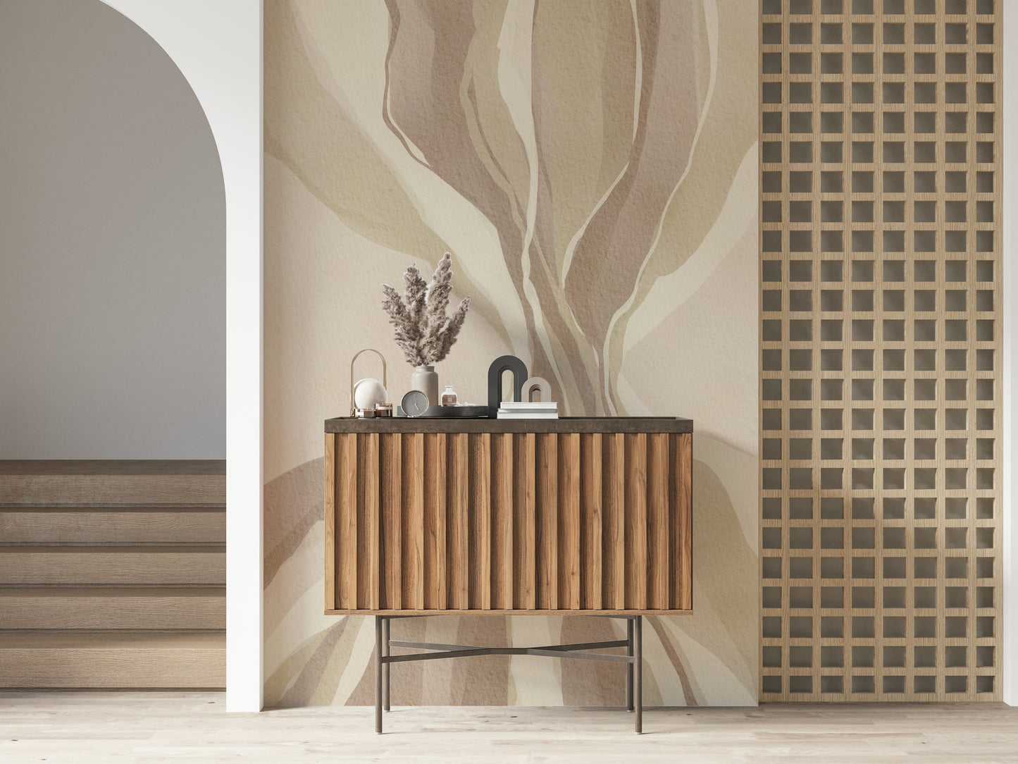 Neutral tone wallpaper mural, Whispering Waves, with organic, soft shapes.