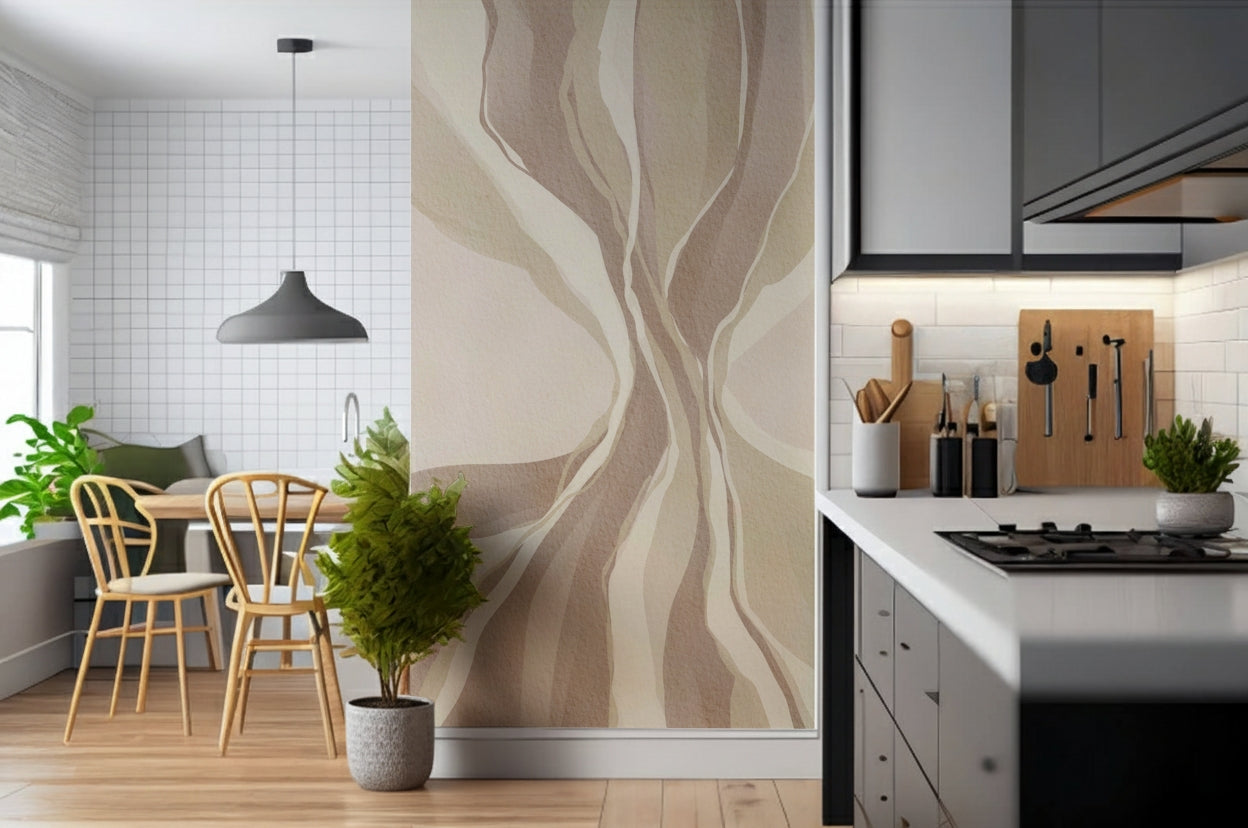 Unique Whispering Waves abstract art wallpaper for calming interiors.