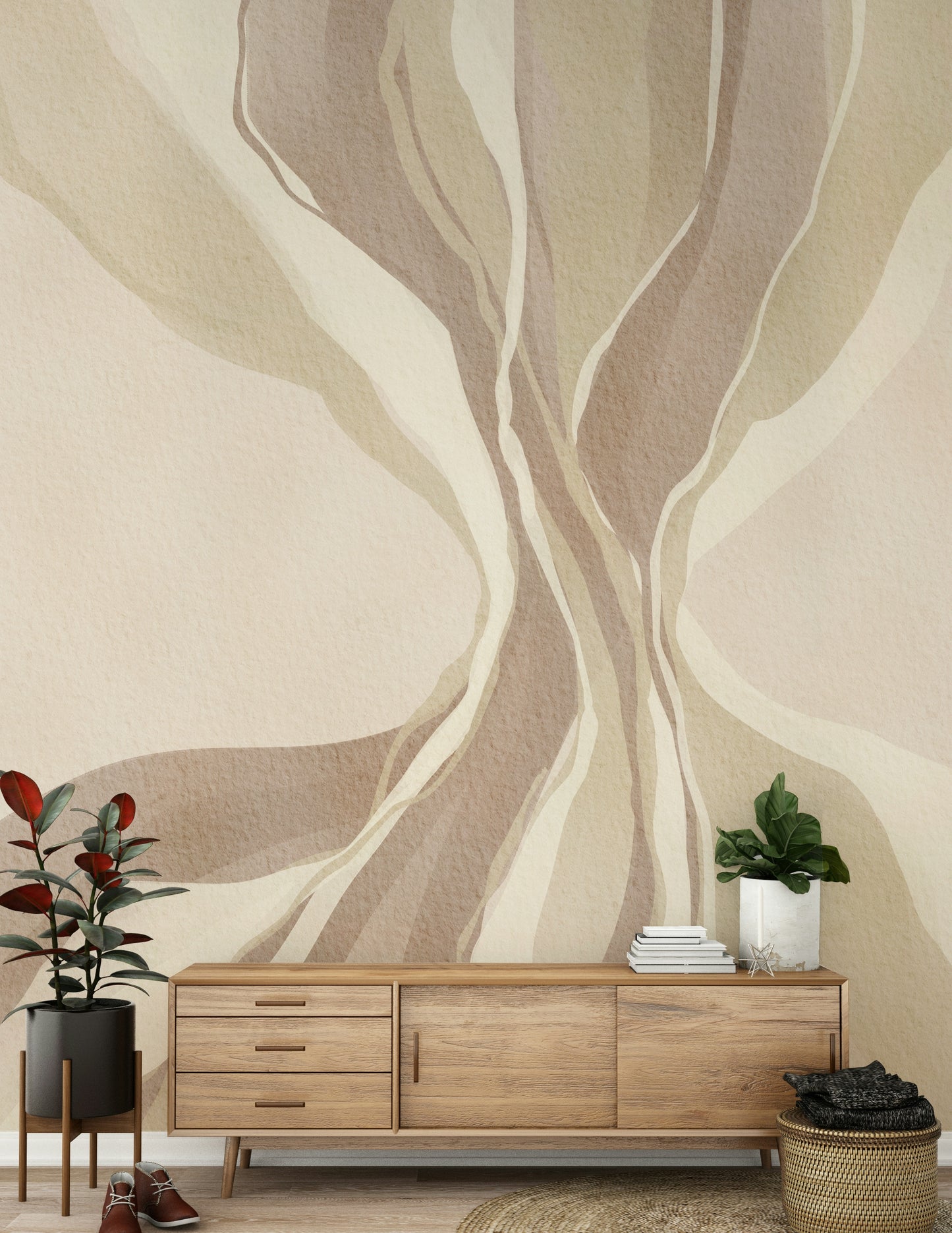 Whispering Waves beige-taupe abstract wallpaper for walls, elegant design.