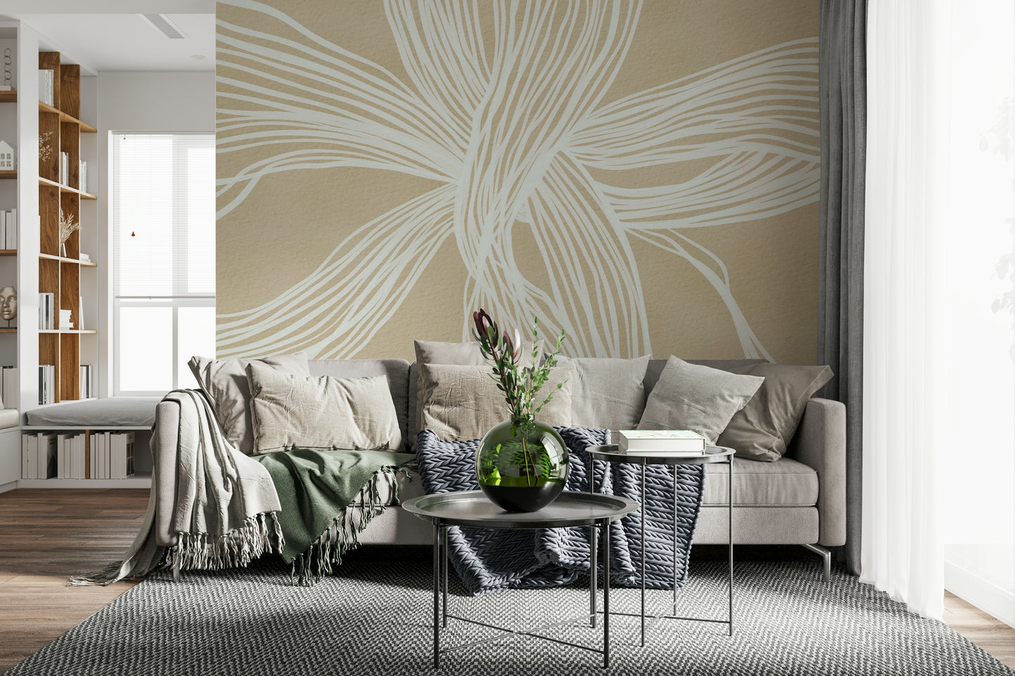 Tan backdrop, dynamic white pattern, Flowing Lines Wall Mural, clean aesthetic.