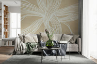 Tan backdrop, dynamic white pattern, Flowing Lines Wall Mural, clean aesthetic.