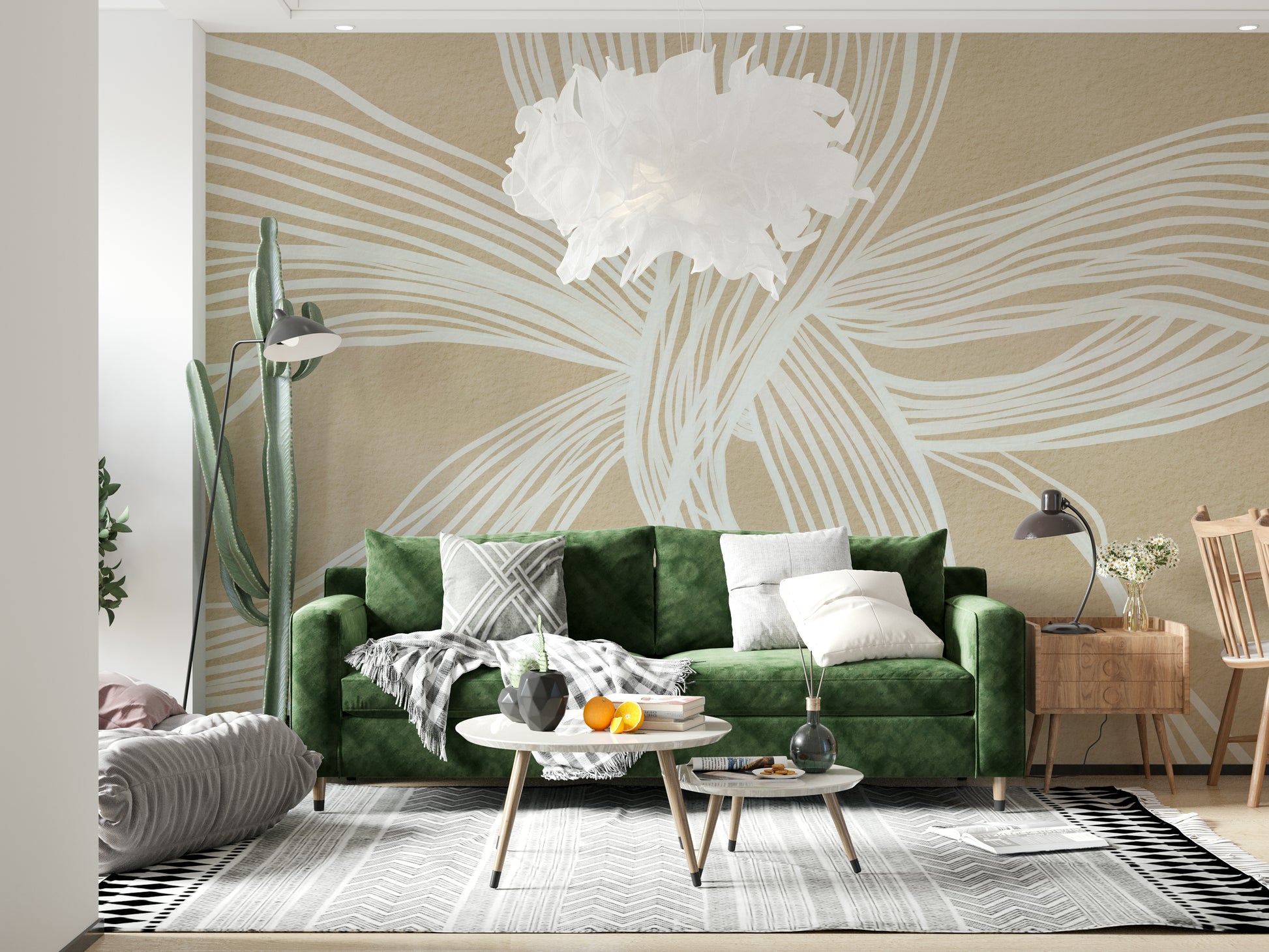 Large format abstract art, intertwined white drawing, Flowing Lines Wall Mural.