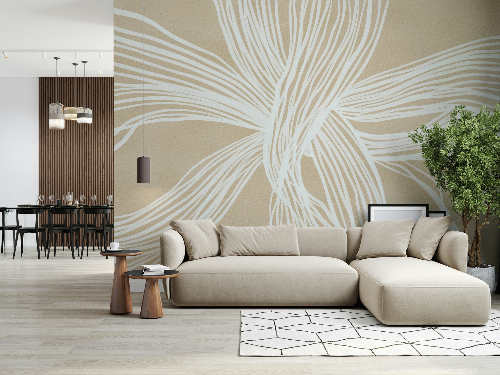 Modern aesthetic wallpaper, neutral tan background, intersecting line design art.