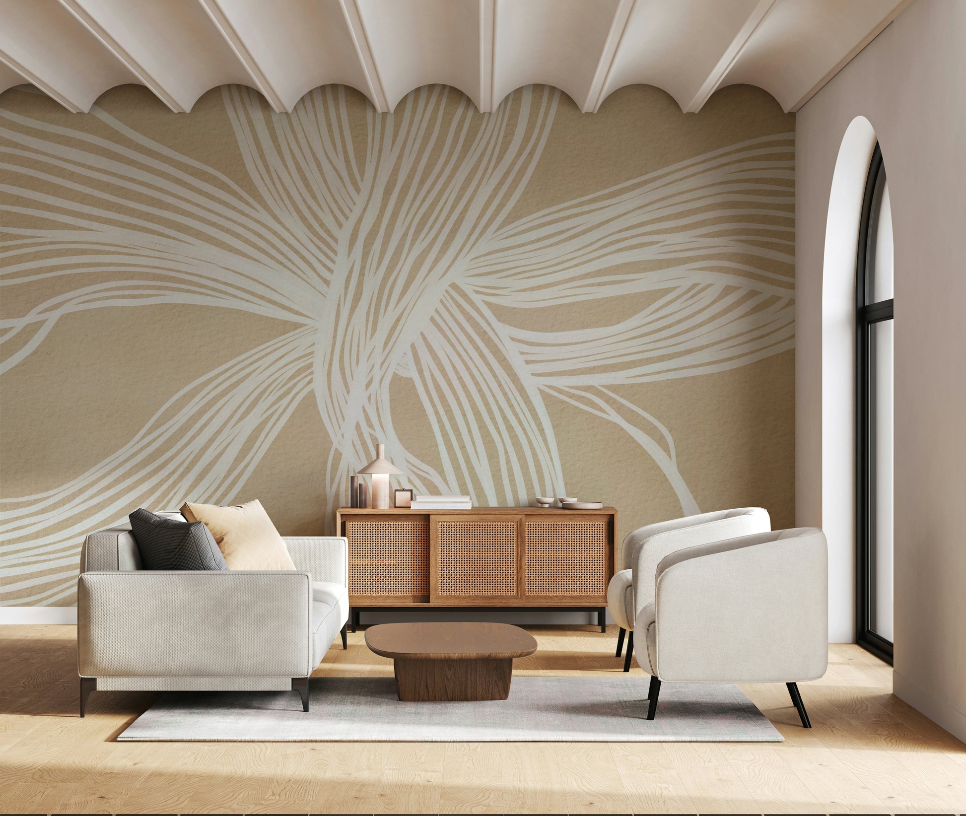 Flowing Lines Wall Mural, dynamic white curves, subtle linen textured finish.