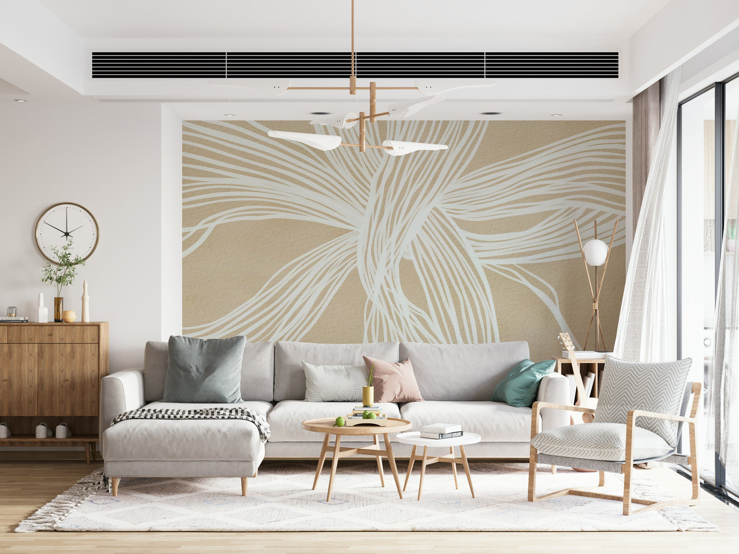 Modern Flowing Lines design, subtle fabric look, elegant neutral wall decor.