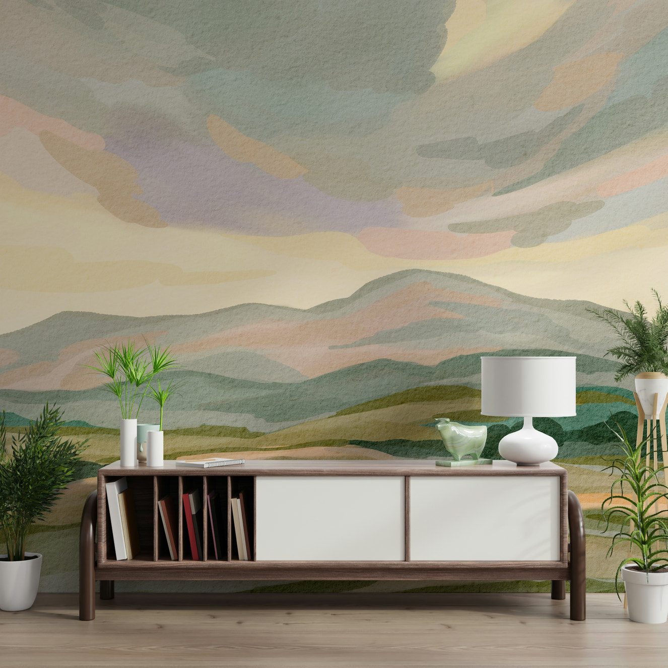 Scenic Painted Mountainscape, delicate colors, living room backdrop, feature wall.