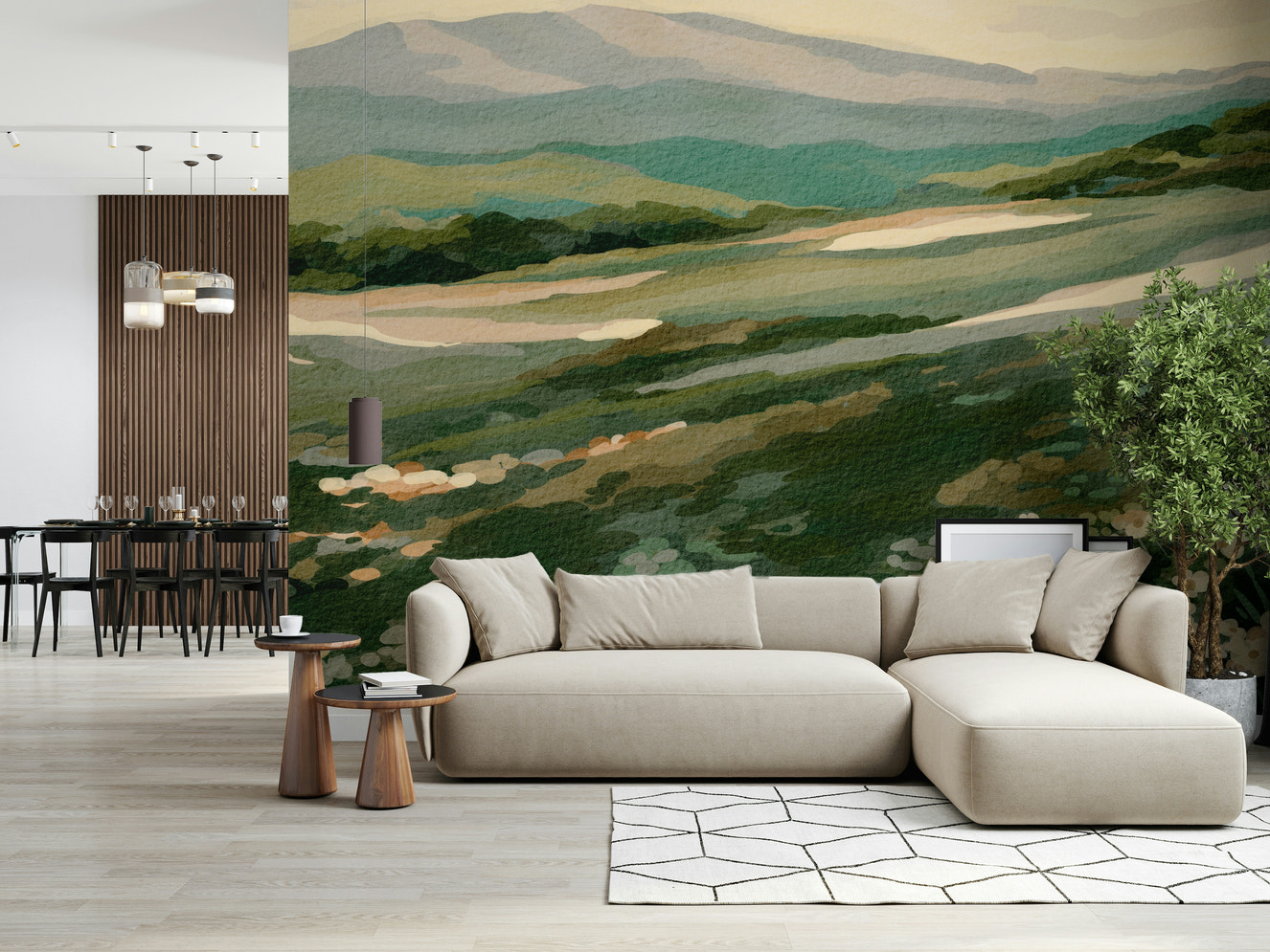 Floral Meadow Vista digital painting, rolling hills, wall mural installation.