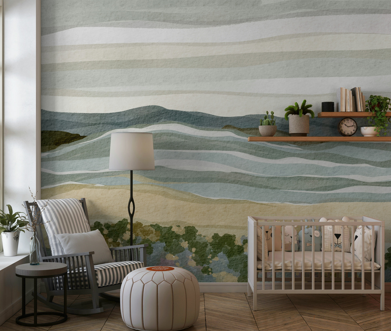 Nature-inspired Coastal Serenity art, textured beach scene mural.