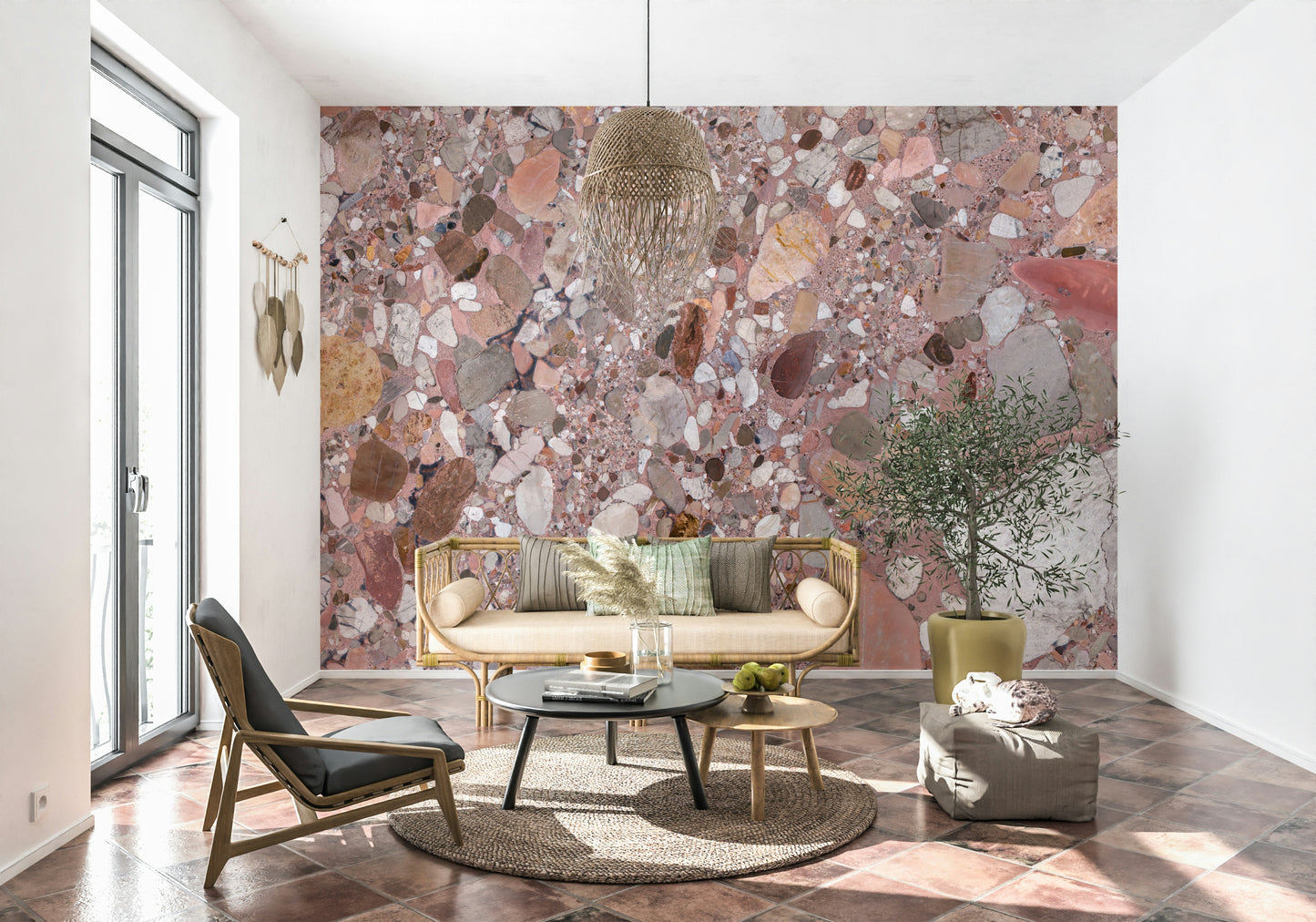 Decorative Terrazzo Stone wallpaper, large stone chips on a blush base.