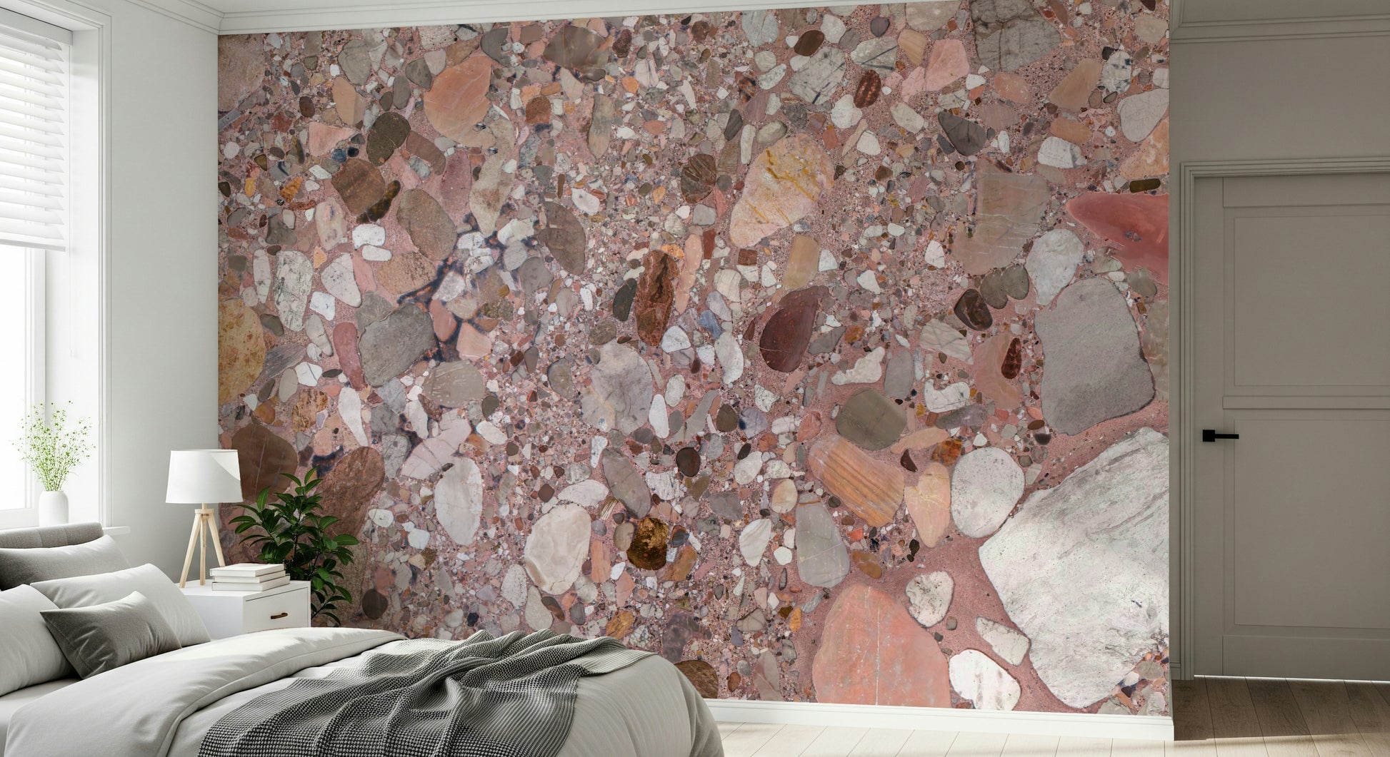 Rose-toned Terrazzo Stone wallpaper, detailed stone aggregate for walls.
