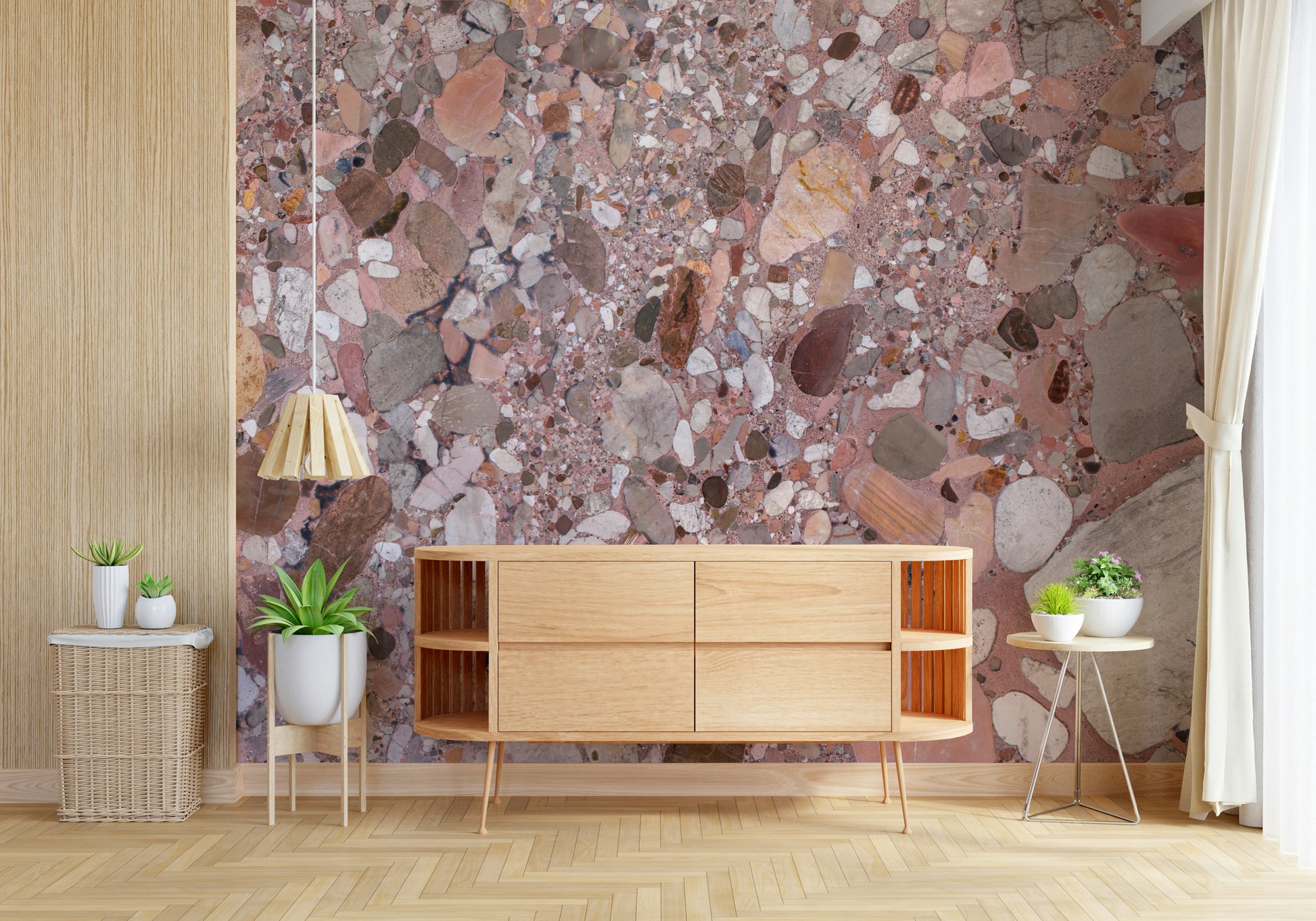 Striking Natural Terrazzo wall mural, smooth stone texture, irregular shapes.