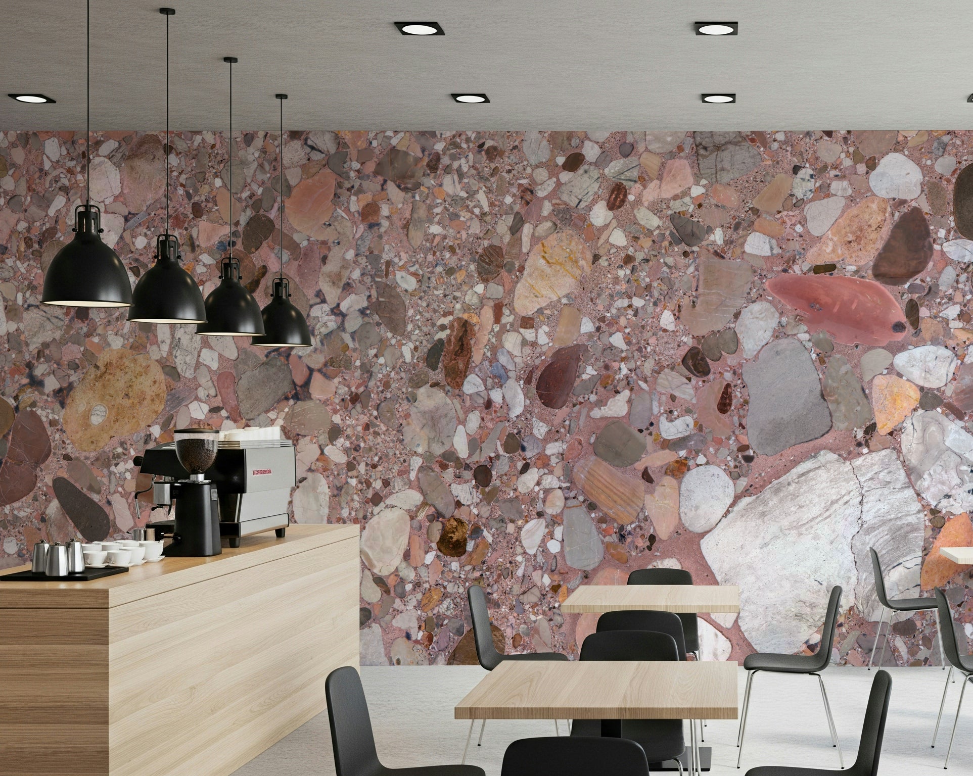 Natural Terrazzo Stone wallpaper, colorful conglomerate pattern, beautiful pink matrix.