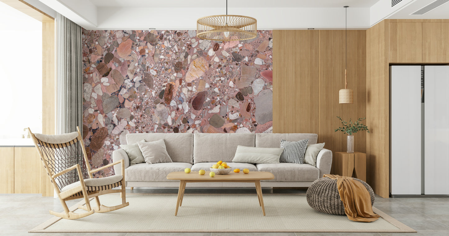 Luxury Terrazzo Stone wallpaper, bold pink base, scattered mineral elements.