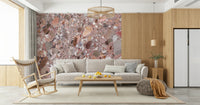 Luxury Terrazzo Stone wallpaper, bold pink base, scattered mineral elements.