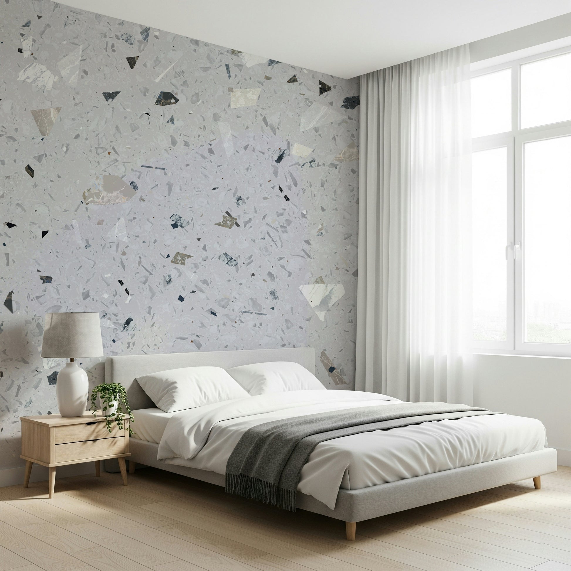 Light Grey Terrazzo design mural with subtle flakes.