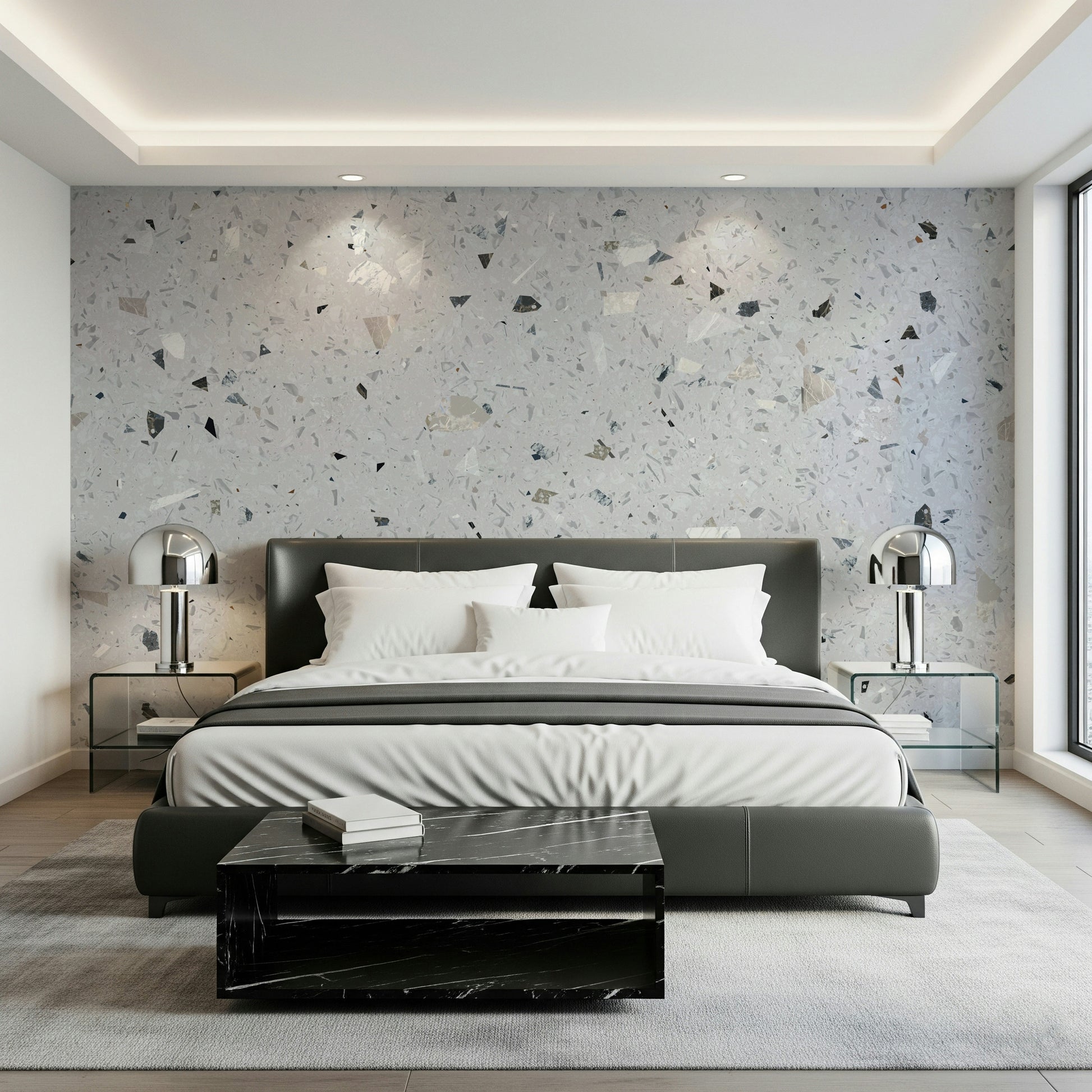 White Terrazzo aggregate design wallpaper surface.