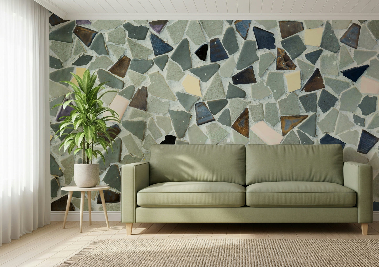 Mosaic Fragments mural assembled gray blue brown segments