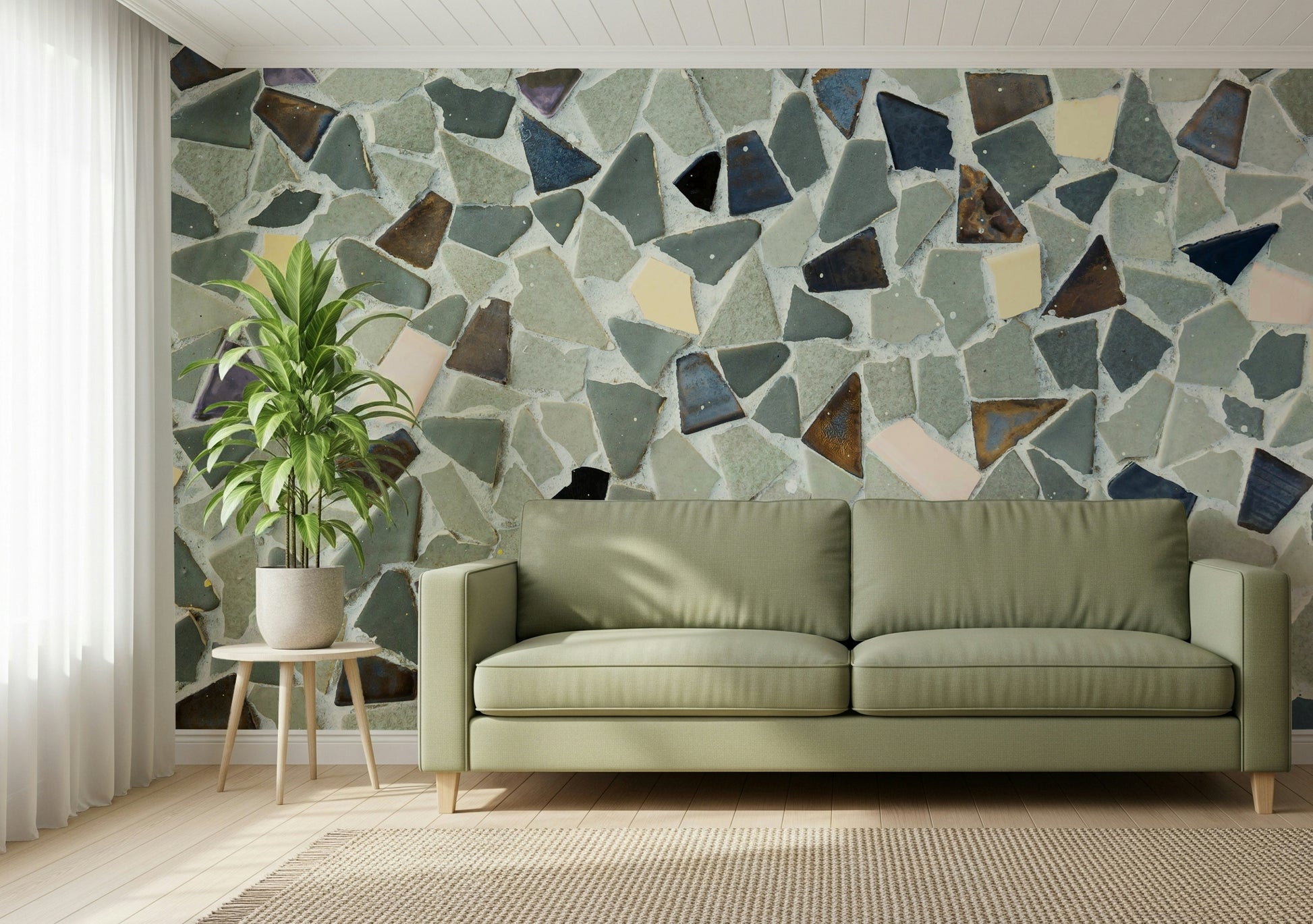 Mosaic Fragments mural assembled gray blue brown segments