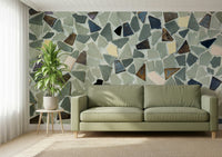 Mosaic Fragments mural assembled gray blue brown segments