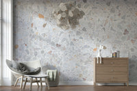 Minimalist Terrazzo wall mural, smooth appearance, soft hints of apricot.